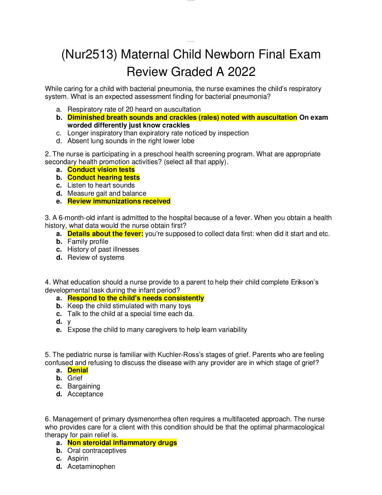 Preview of (Nur2513) Maternal Child Newborn Final Exam Review Graded A 2022